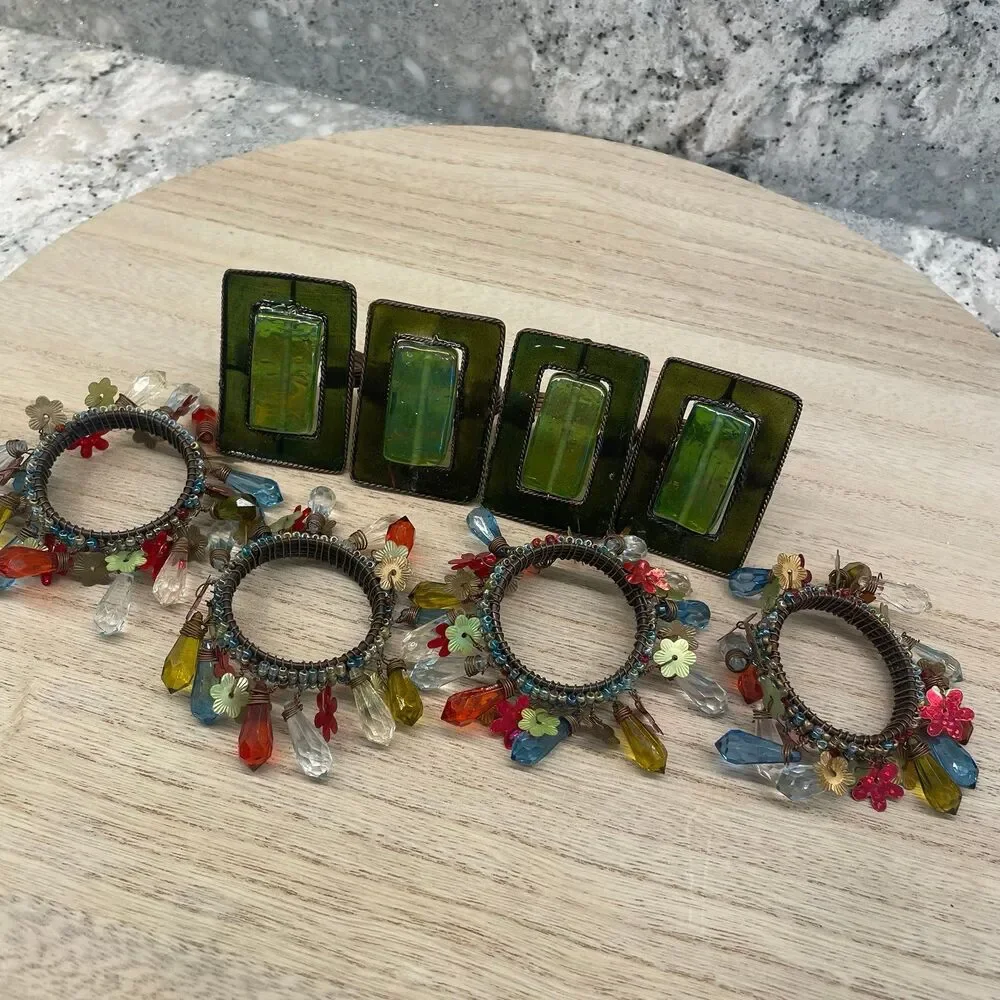 8 Green Glass Brass Floral Napkin Rings Set Pier 1 Vintage Boho Table Decor Lot